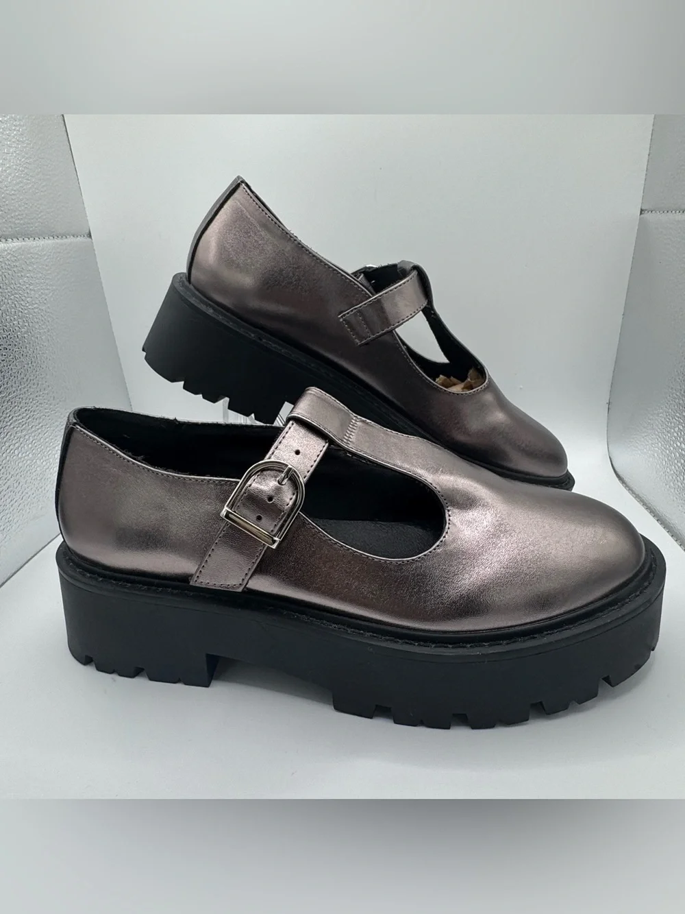 Mix No 6 Corah Platform Mary Janes Womens Sz 9.5 Gunmetal Metallic Lug Sole shoe